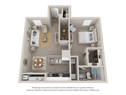 Floor plan for 1 bed, 1 bath, 789 sqft